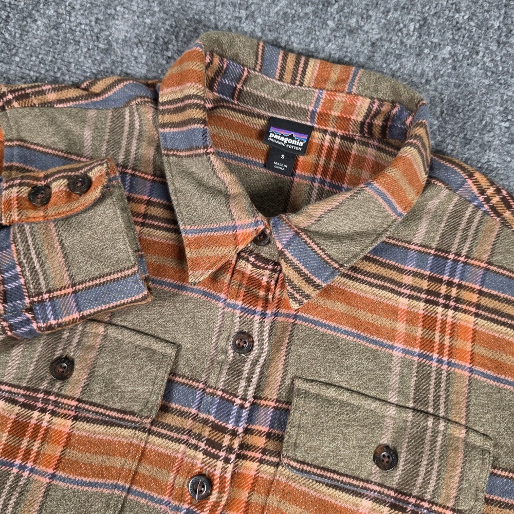 Patagonia Fjord Flannel Shirt Womens S Green Orange Plaid Organic Cotton 53916